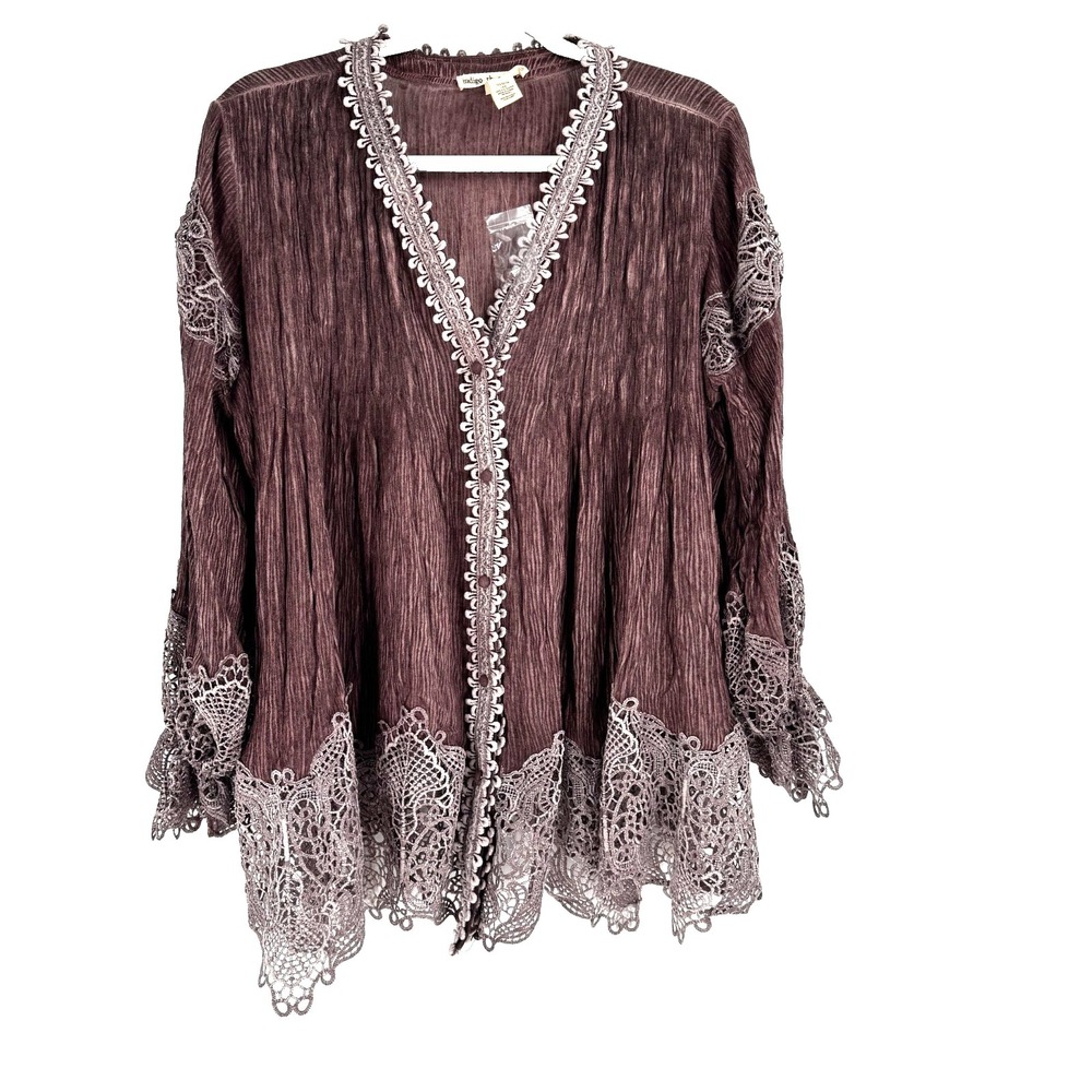 Indigo Thread Co Crinkle Gauze Crochet Blouse Women's M Ballon Whimsy Fairy Boho